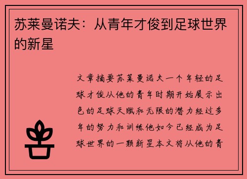 苏莱曼诺夫：从青年才俊到足球世界的新星